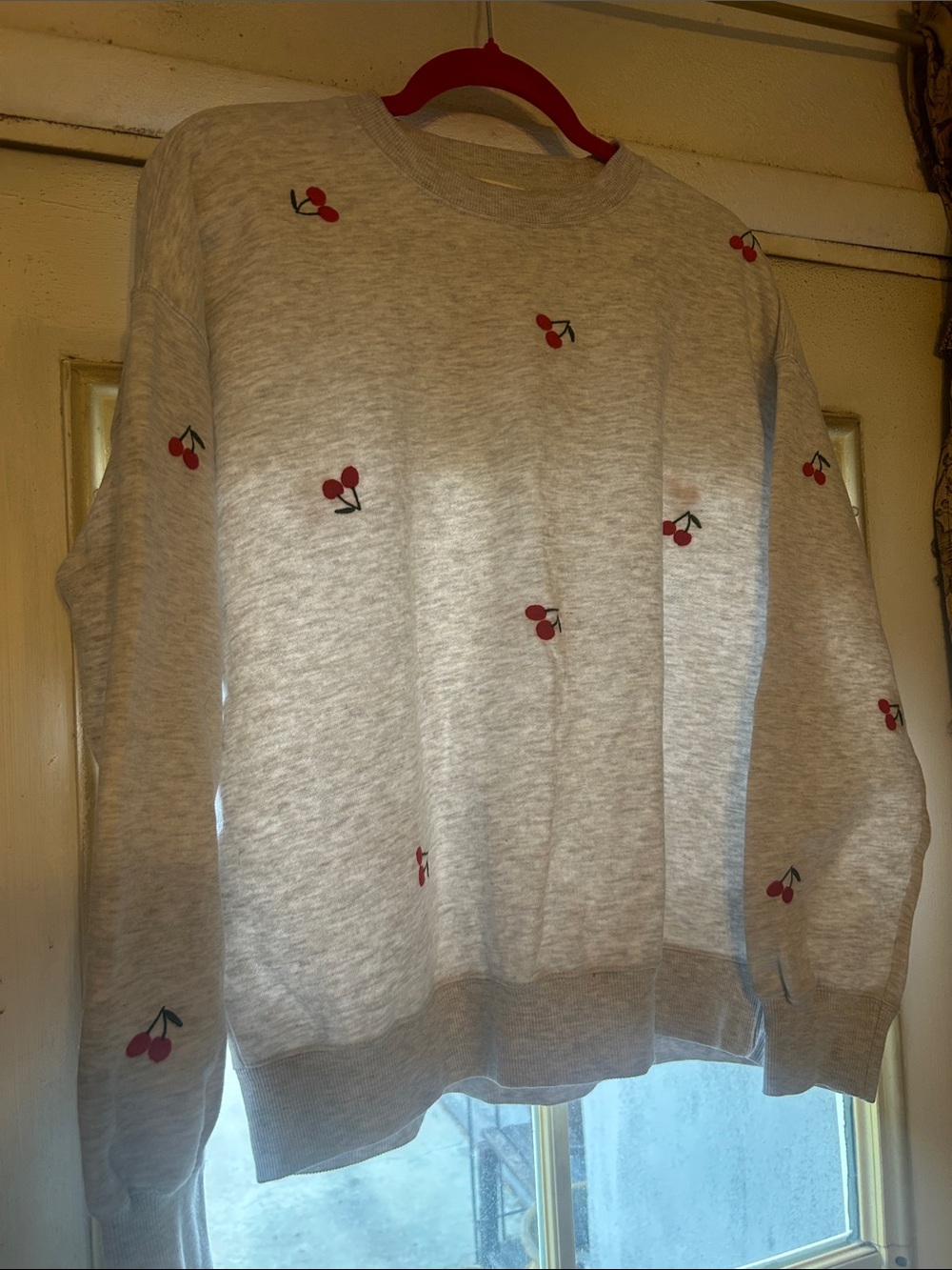 Reflex Light Gray Cherry Embroidered Crewneck Sweater